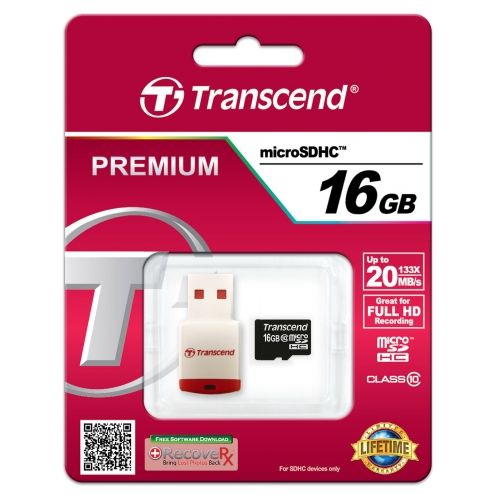 голяма снимка на Transcend 16GB microSDHC10 reader Class 10 TS16GUSDHC10-P3