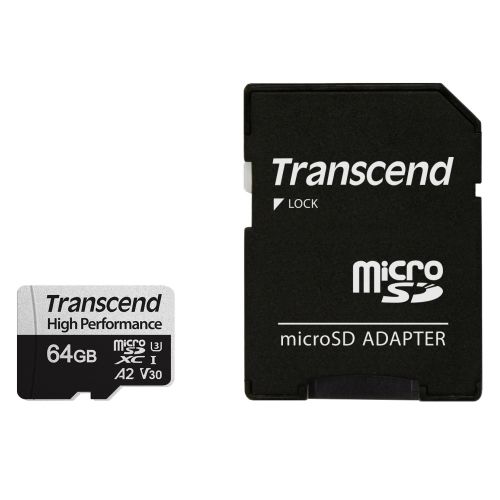 голяма снимка на Transcend 64GB microSDXC I UHS-I U3 V30 A2 Class10 Adapter TS64GUSD330S 