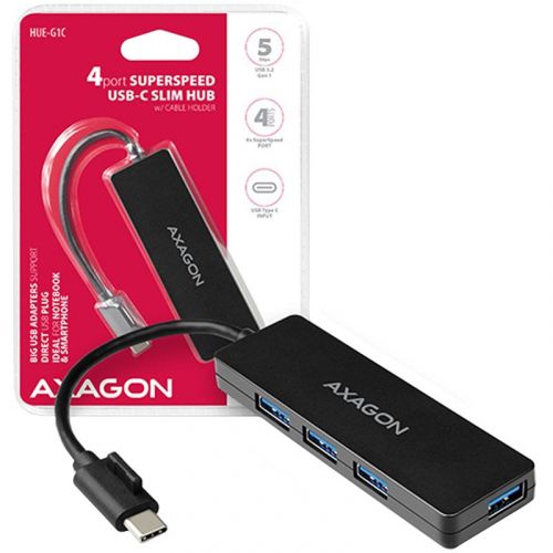 голяма снимка на AXAGON HUE-G1C 4x USB3.1 Gen1 SLIM hub w. 14cm Type-C cable