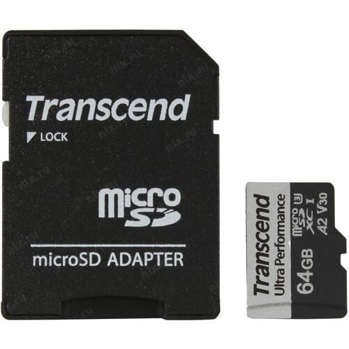 голяма снимка на Transcend 64GB microSD with adapter UHS-I U3 A2 Ultra TS64GUSD340S