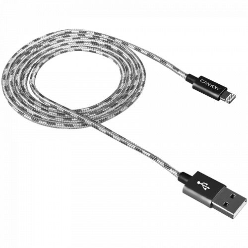 голяма снимка на CANYON Lightning USB Cable for Apple braided metallic shell 1M Dark gray CNE-CFI3DG