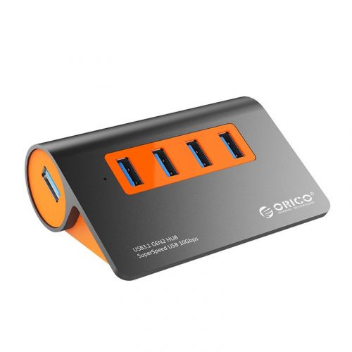 голяма снимка на Orico USB 3.1 Gen2 10Gbps HUB 4 port Aluminum Grey Orange M3H4-G2-OG