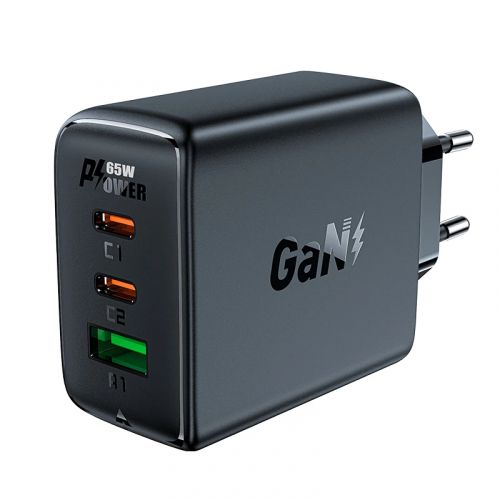 голяма снимка на Acefast Charger Wall GaN PD65W A41 USB-C x 2 USB-A x 1 Black