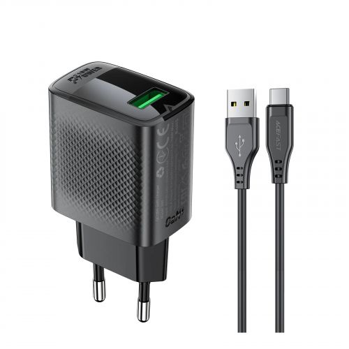 голяма снимка на Acefast Charger Wall GaN Quick Charge 18W A90 with 1.2m cable USB-A x 1 Black