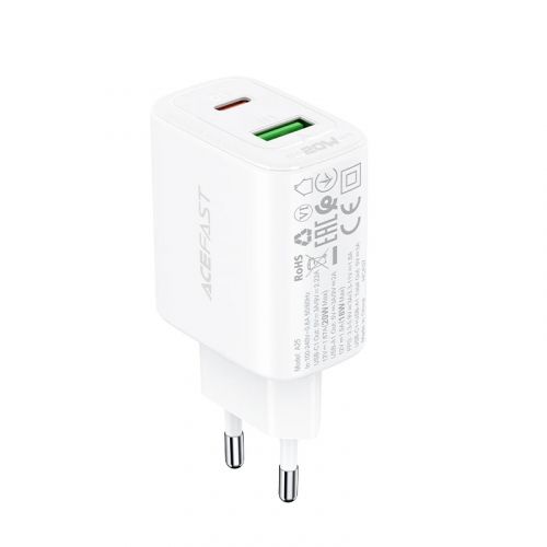 голяма снимка на Acefast Charger Wall GaN PD20W A25 USB-C x 1 USB-A x 1 White