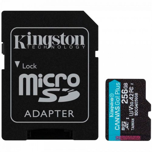 голяма снимка на KINGSTON 256GB microSDXC Canvas Go Plus Gen4 200MB s A2 U3 V30 Card + Adapter SDCG4/256GB