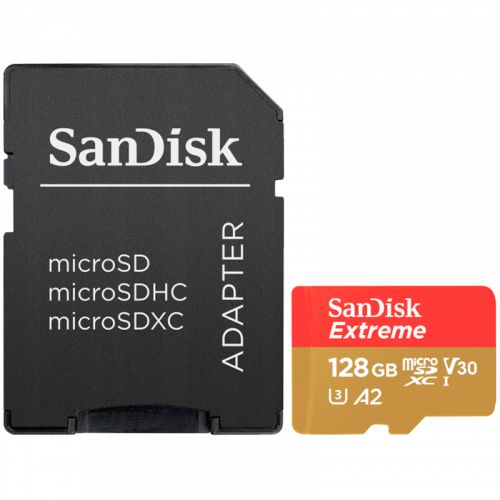 голяма снимка на SanDisk Extreme microSDXC 128GB + SD Adapter A2 C10 V30 UHS-I U3 SDSQXAA-128G-GN6MA