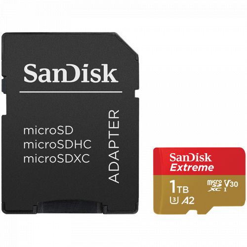 голяма снимка на SanDisk Extreme microSDXC 1TB + SD Adapter A2 C10 V30 UHS-I U3 SDSQXAV-1T00-GN6MA