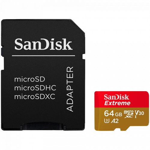 голяма снимка на SanDisk Extreme microSDXC 64GB + SD Adapter A2 C10 V30 UHS-I U3 SDSQXAH-064G-GN6MA
