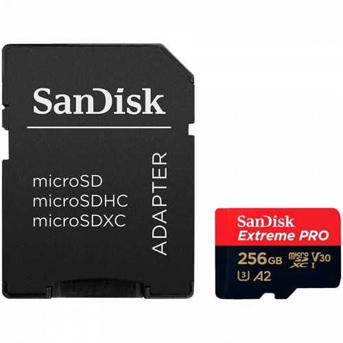 голяма снимка на SanDisk Extreme PRO microSDXC 256GB + SD Adapter A2 C10 V30 UHS-I U3 SDSQXCD-256G-GN6MA