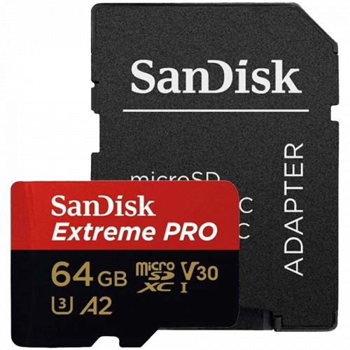 голяма снимка на SanDisk Extreme PRO microSDXC 64GB + SD Adapter A2 C10 V30 UHS-I U3 SDSQXCU-064G-GN6MA